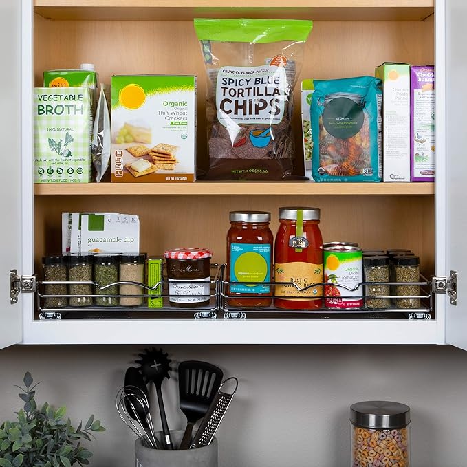 Pull Out Cabinet Organizer for Spices, Cans - Heavy Duty with Lifetime Limited Warranty- Pull Out Spice Rack- Cabinet Pull Out Shelf for Cans,Dishes, Etc, 14-3/8"Wx 10-1/2"D x 2-3/4” H, Chrome
