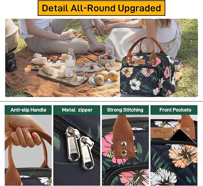 HOMESPON Lunch Bag for Woman Man Adults with Front Pocket Insulated Lunch Tote Lunch Box Container for Work Picnic or Travel(Green Leaves)
