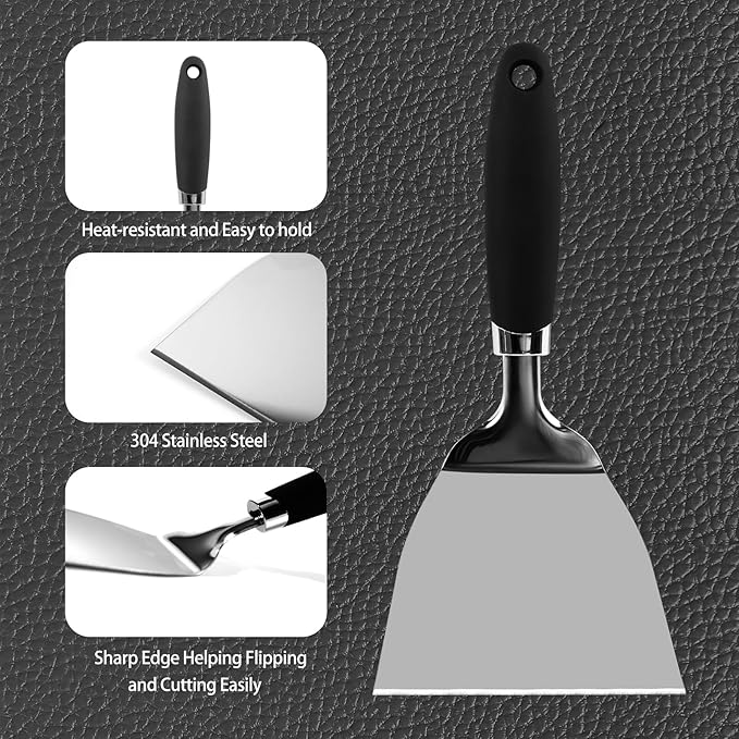 Professional Wide Turner 9.5 Inch Stainless Steel Spatula for Cast Iron, Griddle and Grill Cooking, Barbecue Hamburger Metal Kitchen Utensil, Dishwasher Safe