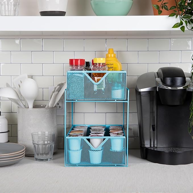Mind Reader Accessory Organizer, Supply Storage, Makeup, Crafts, Office, Kitchen, Metal Mesh, 8.25"L x 12.5"W x 12.5"H, Blue