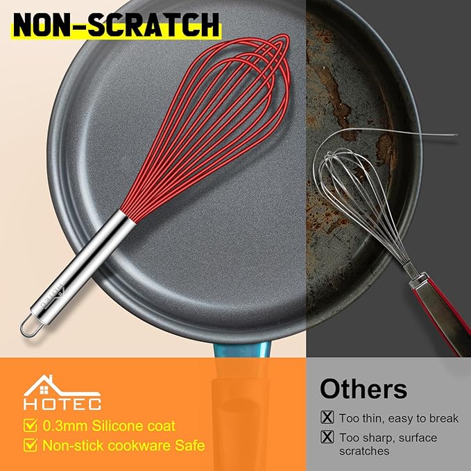 HOTEC 4 Pieces Silicone Whisks Set, Wire Balloon Whisks for cooking Egg Beater, Non-slip Handle Whisk for Non-stick Cookware Perfect for Cooking, Stirring, Beating and Blending (Multicolor)