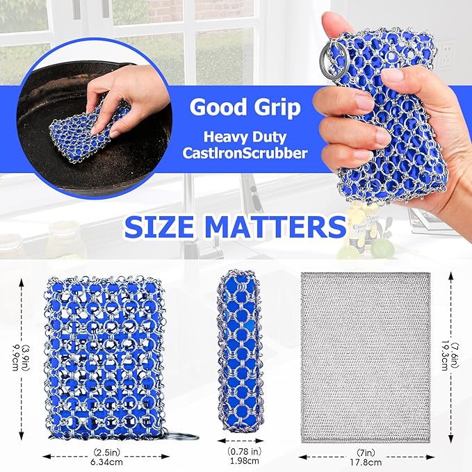 Cast Iron Scrubber with Bamboo Fiber Cloth and Pan Scraper, 316L Cast Iron Cleaner Set – Removes Stains, Protects Coatings, Safe for Dutch Oven, Skillets, Griddles(Blue)