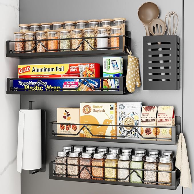 16.9 Inch Wide Large Capacity Magnetic Spice Rack for Refrigerator, 6 Pack Metal Fridge Shelf, Black