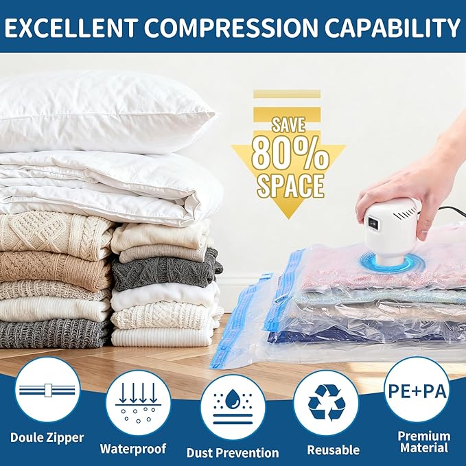 Vacuum Storage Bags for Clothing Travel,7 Pack Vacuum Bags with Pump,Space Saver Bag for Clothes Travel & Home (2 Roll Up Bags,1 Small,1 Medium,1 Large,1 Jumbo,1 Super Jumbo)