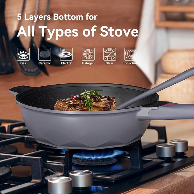 TIBORANG Nonstick Frying Pan, 5 Quart Large Wok, Deep Skillet With Lid, Stay-Cool Handle, Steamed Grid, PFOA-Free, Dishwasher & Oven Safe, Works With All Stovetops (Charcoal)