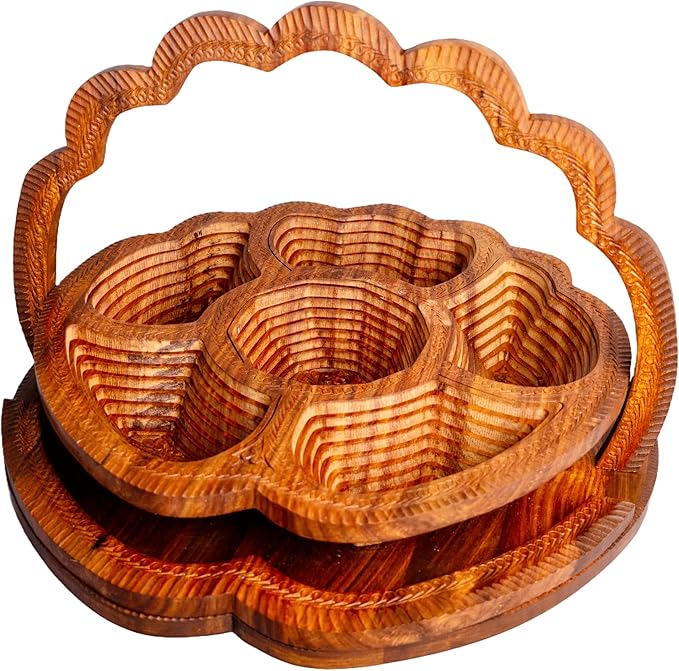 Handmade 18″ Collapsible Wooden Basket, 6-Compartment Paisley Design in Himalayan Rosewood – Fruit Basket, Bread Bowl & Trivet – Folds Flat for Easy Storage – Unique Centerpiece & Gift
