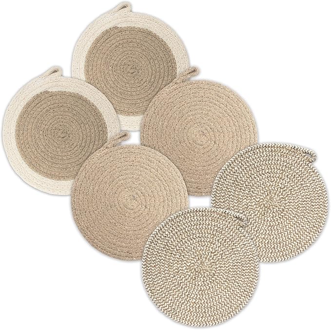 Encasa XO Round Trivet Mats For Hot Dishes with Hanging Loop | Beige Combo - Set of 6 with 7 inch Diameter | Cotton Round Thick Heat Resistant Pot Holders | Use Hot Pads Plate Mats For Hot Pots & Pans