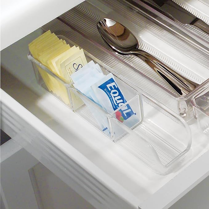 iDesign Plastic Packet and Tea Bag Organizer - Kitchen Storage Containers for Sugar, Salt, Pepper, Sweeteners, Tea Bags, Spices, The Linus Collection - 2.25" x 9" x 2", Clear