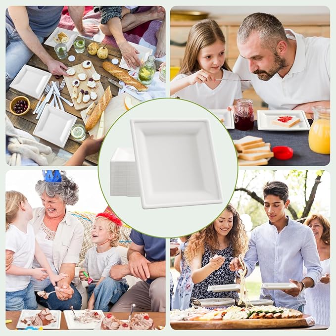 ECOLipak 7.85 Inch Compostable Square Paper Plates, 300 Count Heavy Duty Paper Plates, Eco Friendly Disposable Sugarcane for Party, Daily