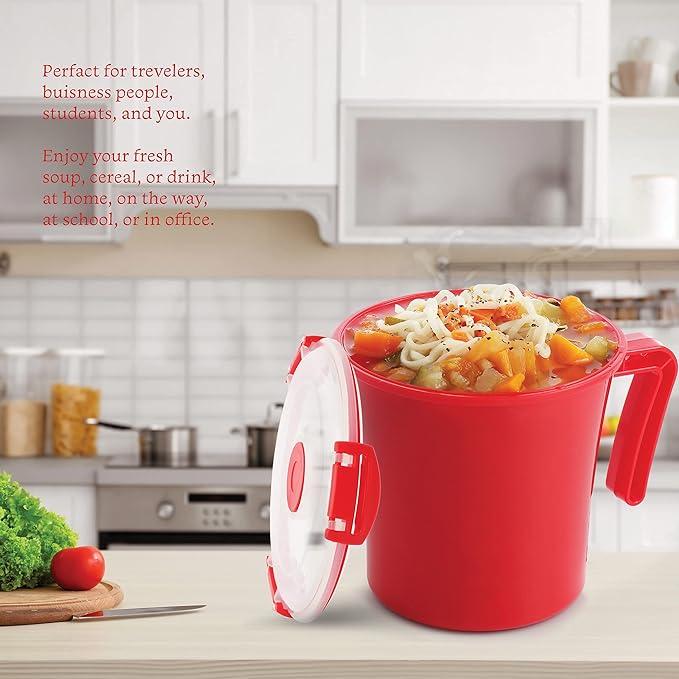 Tafura 22oz Microwave Soup Mugs with Handles, 2 Pack - Red Mug with Clear Lid