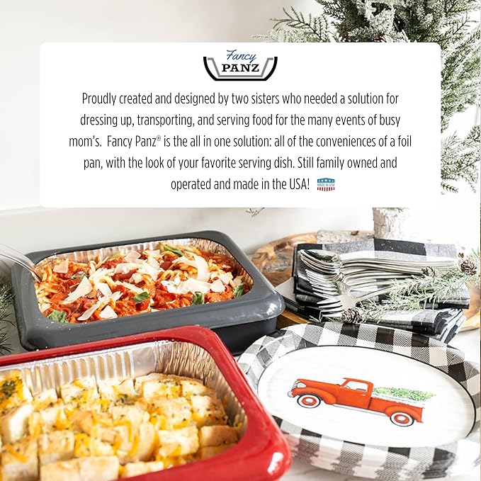 Fancy Panz - Charcoal Premium Aluminum Foil Pan Carrier with Lid & Hot/Cold Pack - Elevated Food Serving Tray - Portable Casserole Carrier with Lid - Made in the USA Hosting Essentials