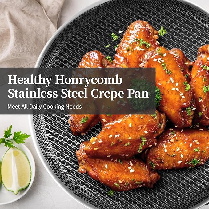 Innerwell Stainless Steel Crepe Pan - 12 Inch Nonstick Crepe Pan, Stainless Steel Honeycomb Coating Pancake Pan, Non Stick Flat Skillet Tawa Dosa Tortilla Griddle Pan, Induction Compatible, PFOA Free