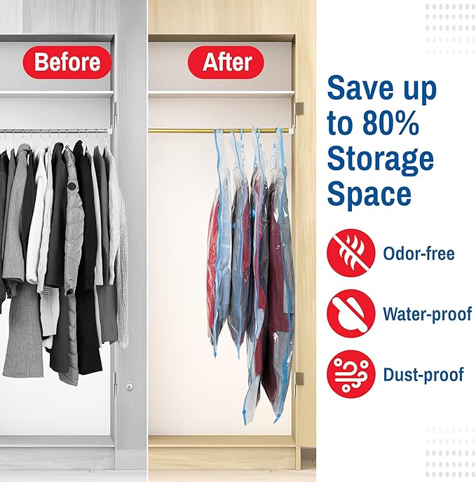 4 Pack Hanging Vacuum Storage Bags for Jackets, Clothes, Suits and Dresses – Vacuum Sealed Compression Bags with Hand Pump – Space Saver Storage Bags for Moving, Travel & Organization (2S & 2L)