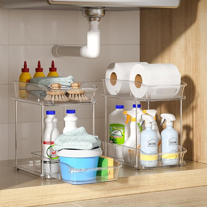 Delamu 2-Tier Under Sink Organizers and Storage, Multi-Purpose Stackable Bathroom Cabinet Organizers, Pull Out Kitchen Pantry Organization and Storage with Dividers(4 Pack, Clear)