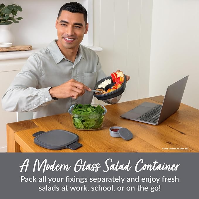 Bentgo Glass All-in-One Salad Container - Large 61-oz Salad Bowl with Lid, 4-Compartment Bento-Style Tray, 3-oz Sauce Container, and Reusable Fork - Dishwasher, Microwave, and Oven Safe (Dark Gray)