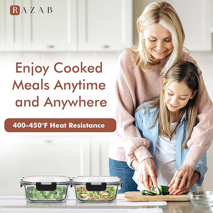 Razab 2 PC 1200ML / 42 Oz Glass Food Storage Containers with Lids - Airtight & Leakproof - Microwave/Oven/Freezer Safe - BPA Free - Ideal for Meal Prep, Storing Leftover & Lunch
