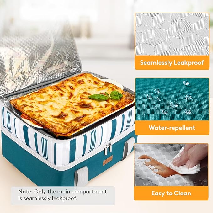 LUNCIA Double Decker Insulated Casserole Carrier for Hot or Cold Food, Lasagna Holder Tote for Potluck Parties/Picnic/Cookouts, Fits 9"x13" Baking Dish, Green