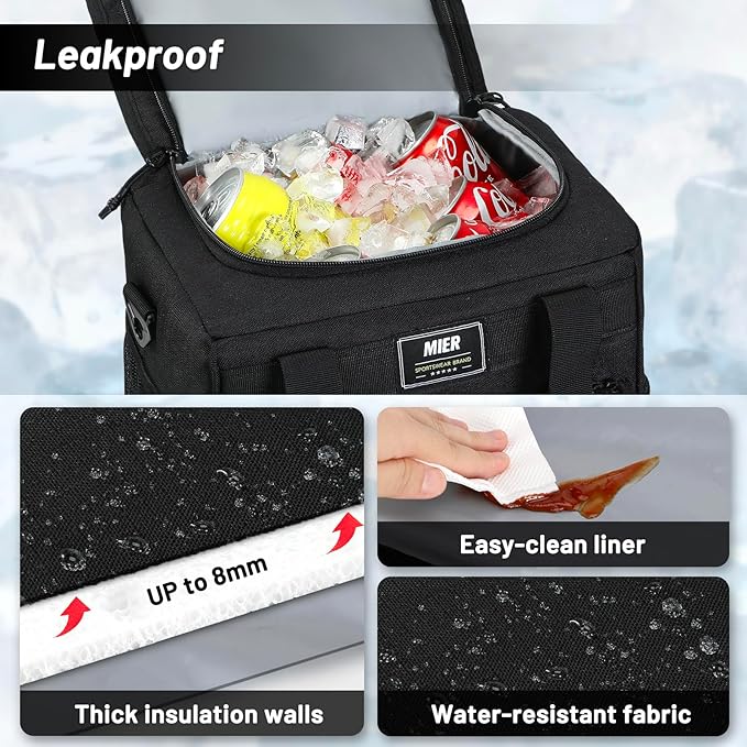 MIER Large Lunch Box for Men Women Adult Insulated Soft Sided Cooler 24 Can Leakproof Lunch Bag Collapsible for Work Travel Camping Beach, 15L (Black-No Luggage Strap)