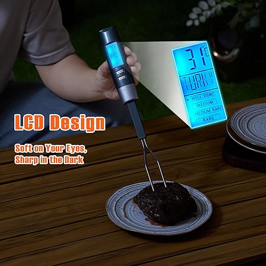 Meat Thermometer Fork with Electronic Ready Alarm, Digital Cooking Thermometer with Instant Read, LCD Display and Led Light, Grill Thermometers for BBQ Grilling Gadgets Steak Pork