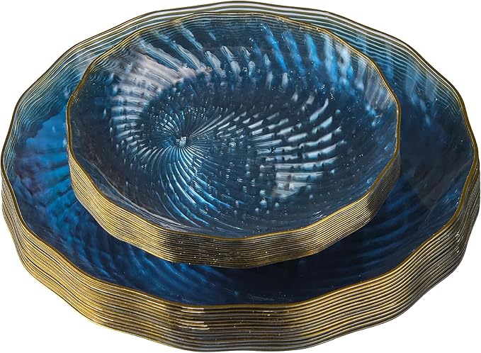 PLASTICPRO 60 Pack Plastic Plates Set of 30-10 inch Plates and 30-7 inch Plate, Elegant Clear Blue Spiral and Gold Rim Disposable Fancy Plate Premium Heavyweight
