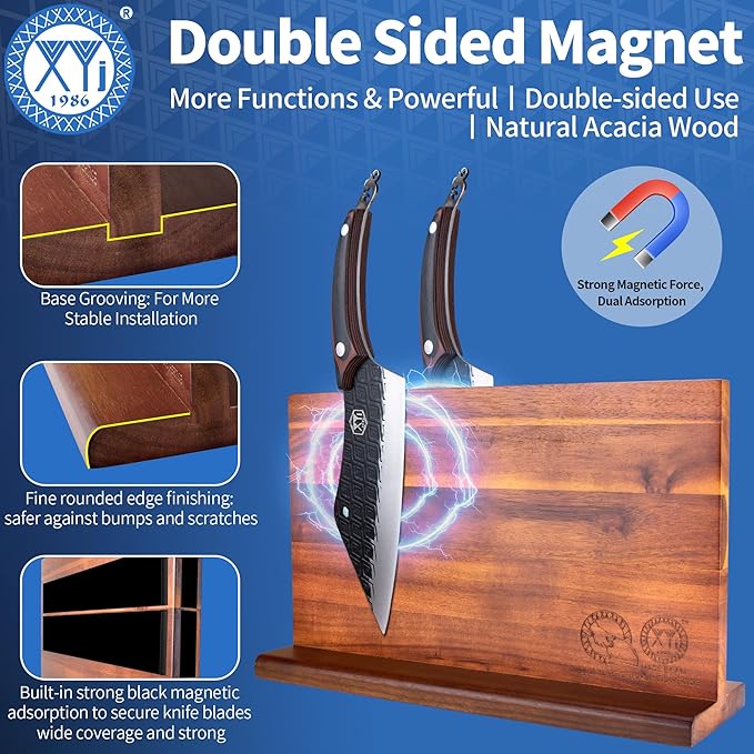XYJ Authentic Since 1986, Kitchen Knife Block Set, High Carbon Steel Blades, Full Tang Knives Set with Block, Sharpener Rod, Scissors, Gloves, Utility Vegetable Butcher Slicing Slaguther Chef Knives