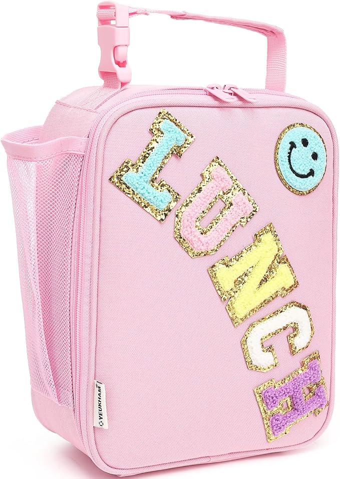 FlowFly Lunch box Insulated Soft Bag Mini Cooler Back to School Thermal Meal Tote Kit With Buckle and Mesh Side Pocket for Girls, Boys, PinkWithLetter