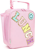 FlowFly Lunch box Insulated Soft Bag Mini Cooler Back to School Thermal Meal Tote Kit With Buckle and Mesh Side Pocket for Girls, Boys, PinkWithLetter