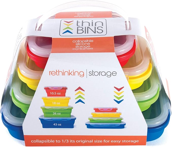 Kitchen Home Thin Bins Collapsible Containers – Set of 4 Rectangle Silicone Food Storage Containers – BPA Free, Microwave, Dishwasher and Freezer Safe