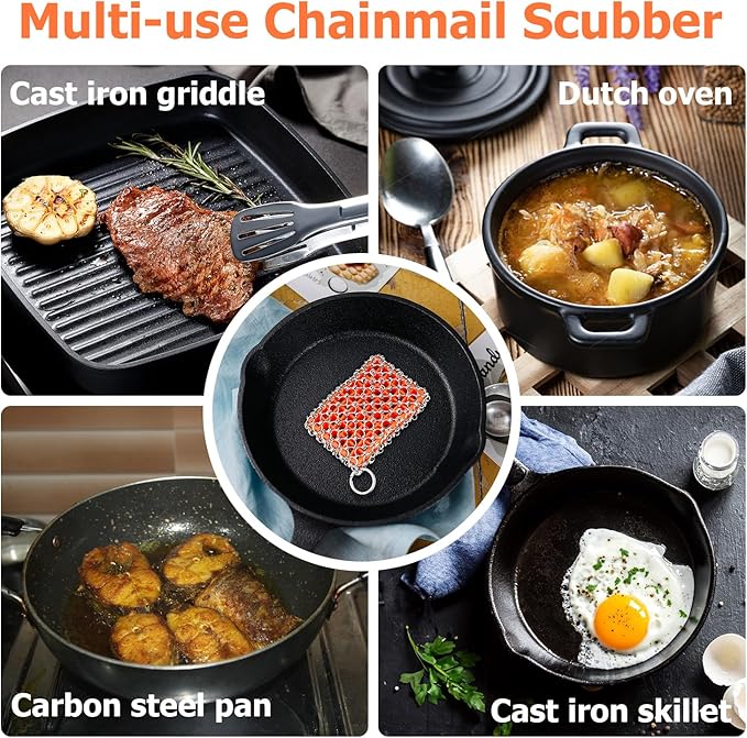 Cast Iron Scrubber with Bamboo Fiber Cloth and Pan Scraper, 316L Cast Iron Cleaner Set – Removes Stains, Protects Coatings, Safe for Dutch Oven, Skillets, Griddles(Orange)