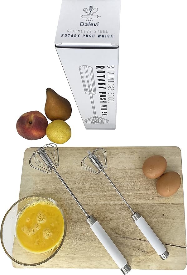 Stainless Steel Push Whisk - Easy to Use Manual Hand Mixer & Plunger Whisk - Make Froth, Foam & Whipped Cream - Semi Auto Egg Beater Plastic Tip Won’t Scratch Pans (2 Pack 10in & 12in) WHITE