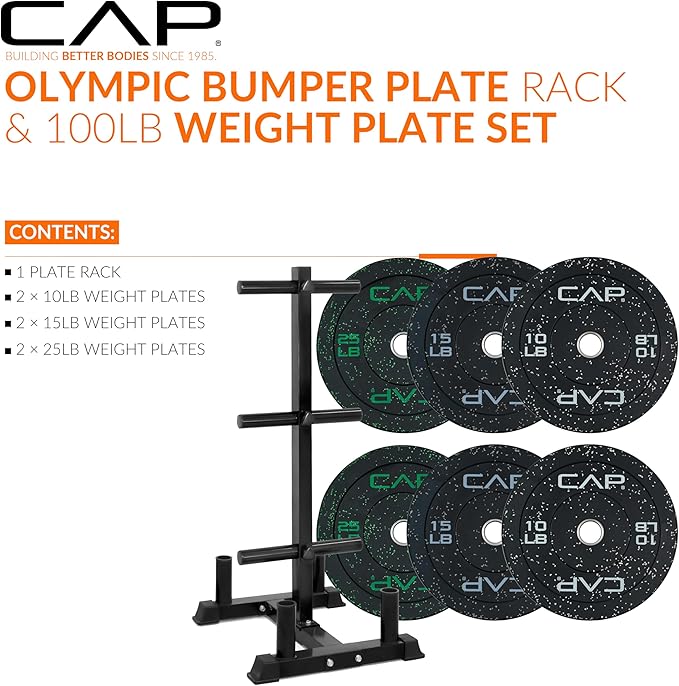 CAP Barbell 2-Inch Olympic Bumper Plate Weight Set with 6 Post Rack | 100-370 lbs | Multiple Options