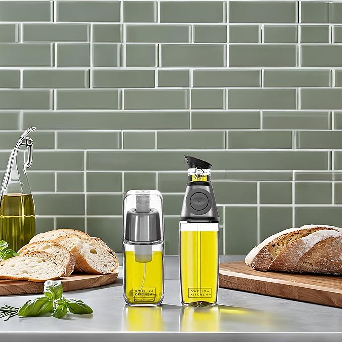 DWËLLZA KITCHEN Olive Oil Dispenser Bottle For Kitchen & Sprayer For Cooking - 2 In 1 Glass 17 Oz. Cooking Oil/Syrup Dispenser With Measurements & 6 Oz. Spray Bottle Set