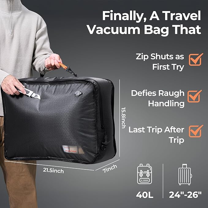 Apex Series Vacuum Bags for Travel Luggage, 180° Open, Reusable Compression Bags for Carry On Suitcases and Backpack, Vacuum Seal Packing Cube for Cloth (1Large No Pump)