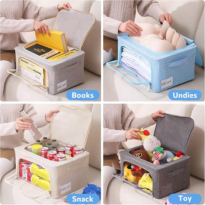 CYhom Clothes Storage Bins Box - Linen Fabric Foldable Stackable Container Organizer Set with Clear Window & Carry Handles & Metal Frame - 2Pack Large Capacity for Bedding, Blankets, Books