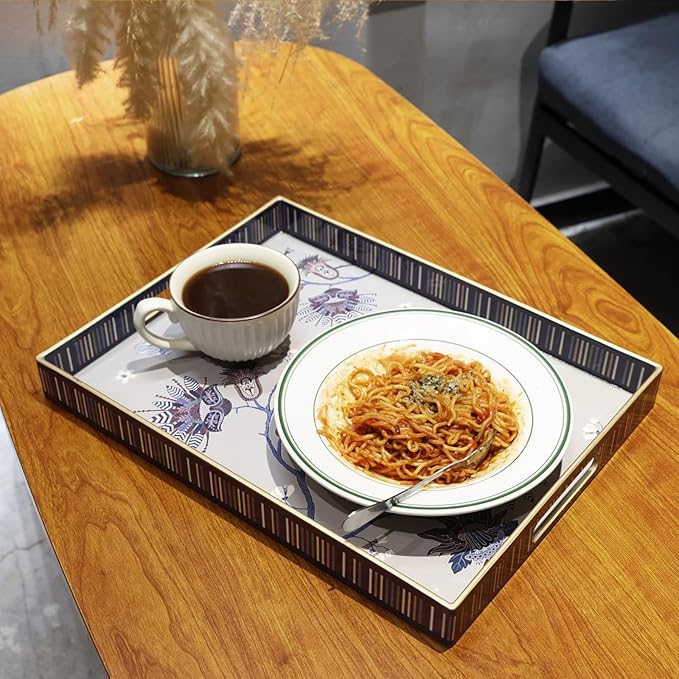 Rectangle Plastic Serving Tray with Handles, Elegant Decorative Tray for Coffee Table, Ottoman, Living Room, Kitchen, Outdoor Use. 12"*16"*1.6" A