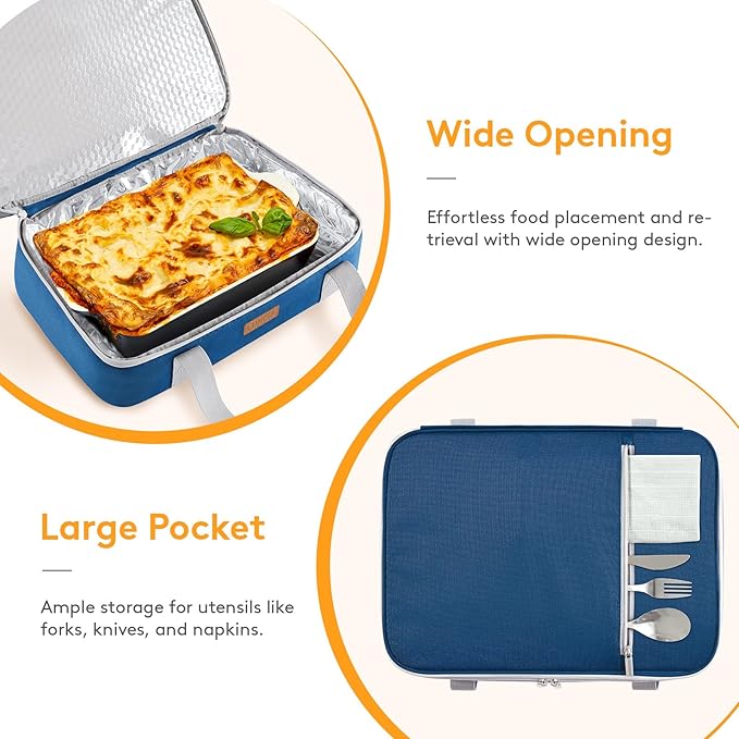 LUNCIA Double Decker Insulated Casserole Carrier for Hot or Cold Food, Lasagna Lugger Tote for Potluck Parties/Picnic/Cookouts, Fits 9"×13" Baking Dish, Pure Blue