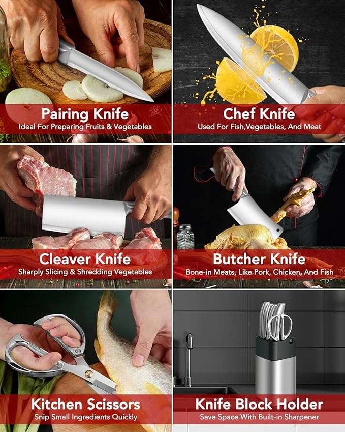 6Pcs Professional Chef Knife Block Set, Silver Stainless Steel Sharp Knives Set for kitchen with Built-in Sharpener Ergonomic Handle, Heavy Duty Cleaver &Butcher for Meat Bone Vegetables Fruit Cutting