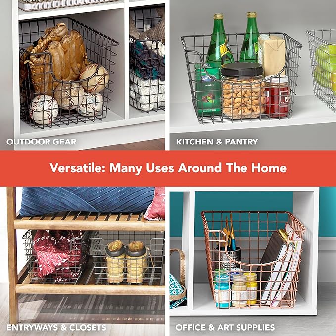 Spectrum Wire Basket for Organizing (Medium, Industrial Gray) - Sturdy Scoop Pantry Basket Storage - Wire Storage Basket Organizer for Kitchen, Shelf, Closet, Bathroom, Garage & More