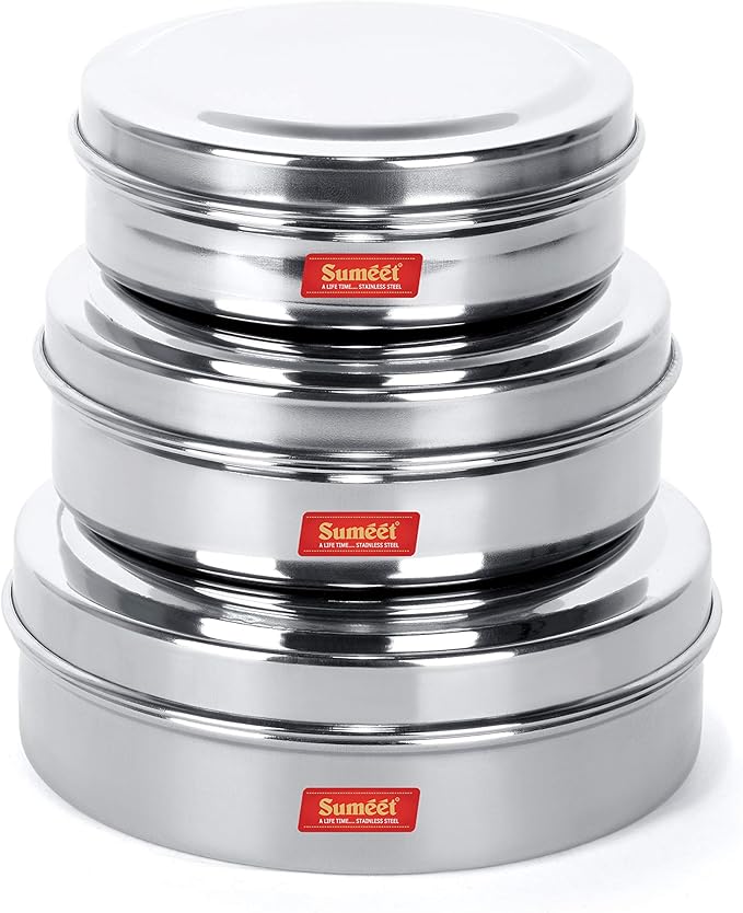 Sumeet Stainless Steel Chocolate Flat Slim N Sleek Canisters/Puri Dabba/Storage Containers Set of 3Pcs Med. Set (No.7-300ML, No.8-480ML, No.9-600ML)