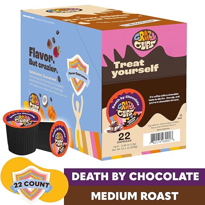 Crazy Cups Flavored Coffee for Keurig K-Cup Machines, Death by Chocolate, Hot or Iced Coffee, 22 Single Serve, Recyclable Pods