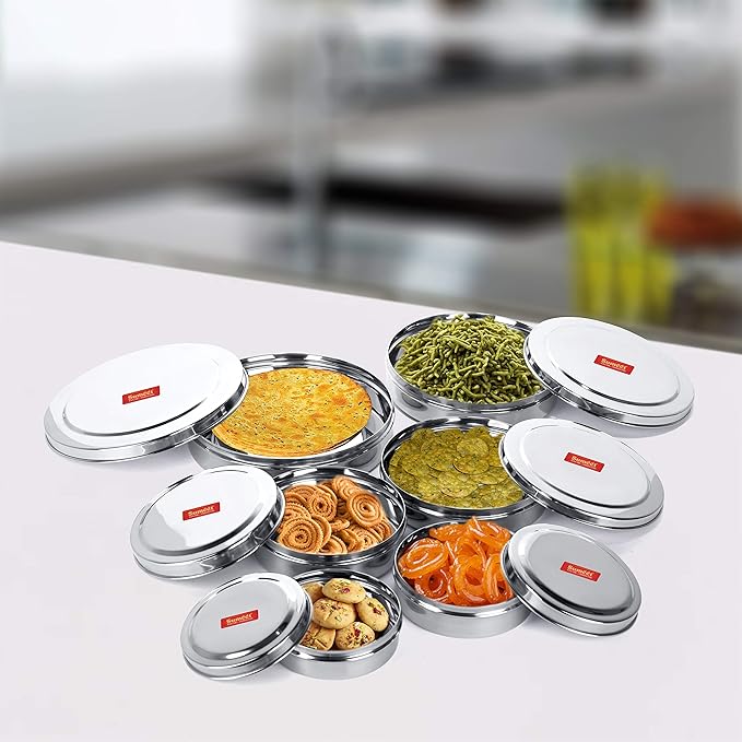 Sumeet Stainless Steel Chocolate Flat Slim N Sleek Canisters/Puri Dabba/Storage Containers Set of 6Pcs Full Set (No.7-300ML, No.8-480ML, No.9-600ML, No.10-700ML, No.11-900ML, No.12-1200ML)