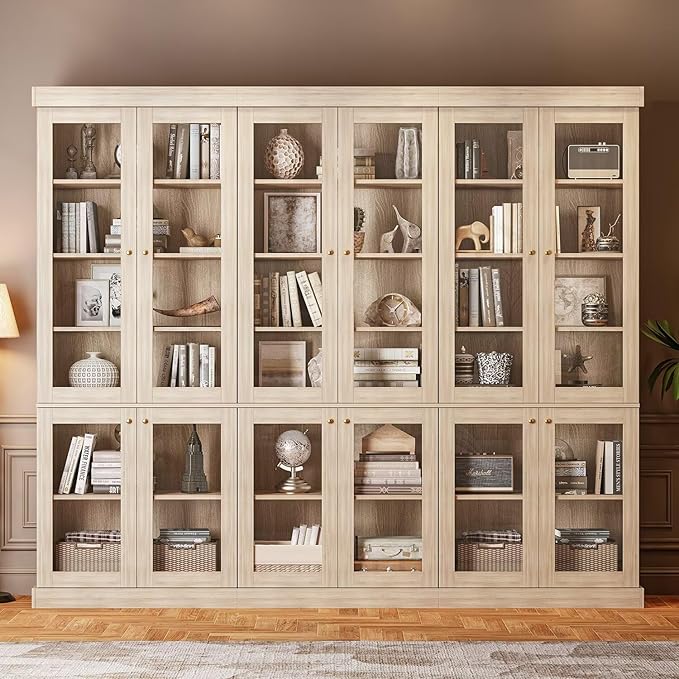70.8" Bookshelf with Glass Doors, Farmhouse Modular Bookcase with 6-Tier Adjustable Shelves, Large Storage Cabinet for Living Room & Home Office, Set of 2, Brown