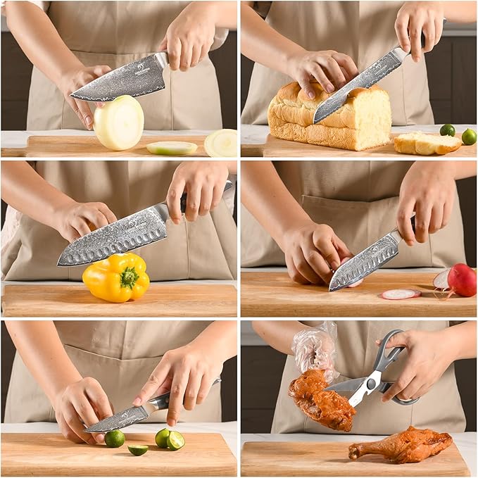 NF NANFANG BROTHERS Damascus Kitchen Knife Set, 7-Piece with Block, ABS Ergonomic Handle, Carving Fork, Disconnect-type Knife Block (Grey)