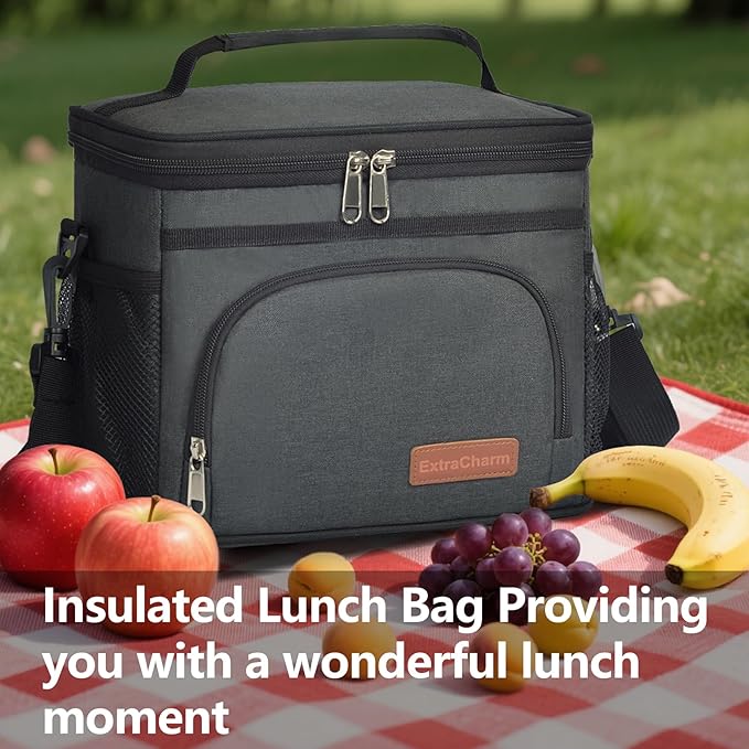 ExtraCharm Insulated Lunch Bag for Women/Men - Reusable Lunch Box for Office Picnic Hiking Beach - Leakproof Cooler Tote Bag Organizer with Adjustable Shoulder Strap for Adults - Black
