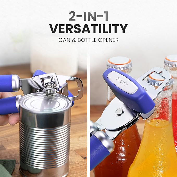 Zulay Kitchen Heavy Duty Stainless Steel Can Opener Manual with Bottle Opener - Rust Proof Manual Can Opener With Turn Knob & Comfy Soft Grip Handles - Purple