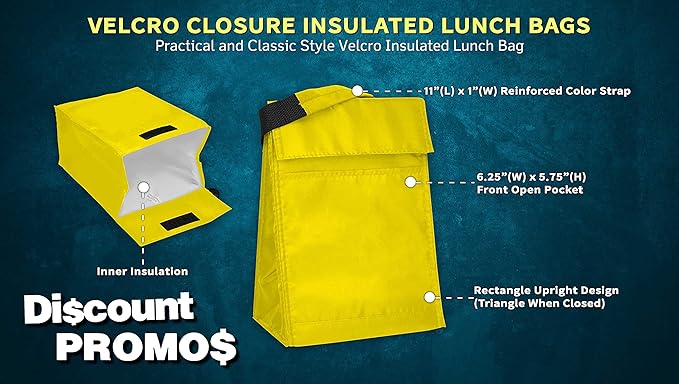 DISCOUNT PROMOS 10 Hook and Loop Insulated Lunch Bags Set - Polyester, Durable, Vibrant, Reusable - Yellow
