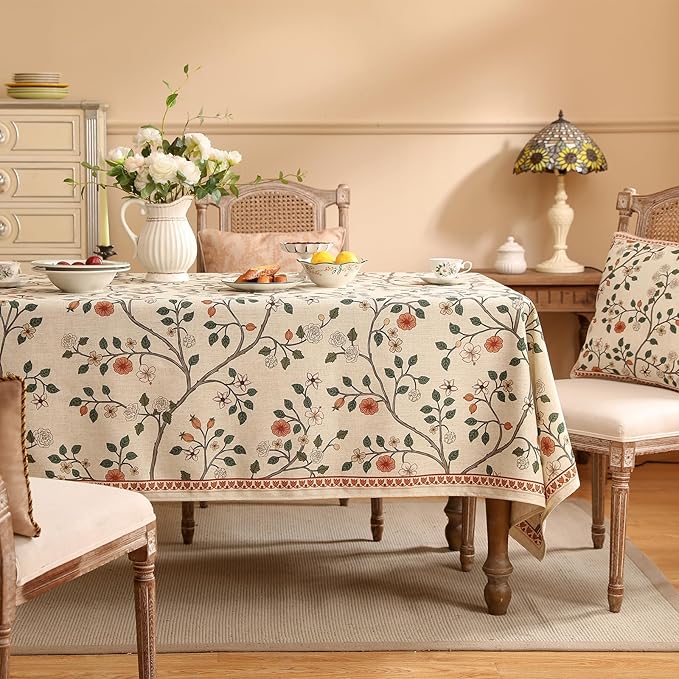 ISAENNE Designer Floral Small Rectangle Tablecloth,French Linen Light Beige Indoor Table Cloth,Fall Wrinkle Resistant Decor Tablecloths for Dining Thanksgiving Kitchen,55"*71"-Flora A