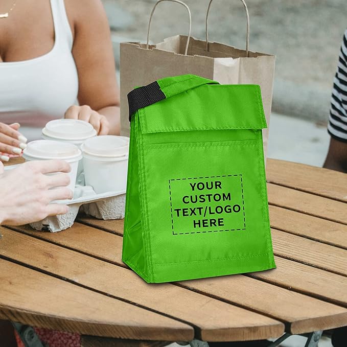 DISCOUNT PROMOS 50 Hook and Loop Insulated Lunch Bags Set - Customizable Text, Logo - Polyester, Durable, Vibrant, Reusable - Green