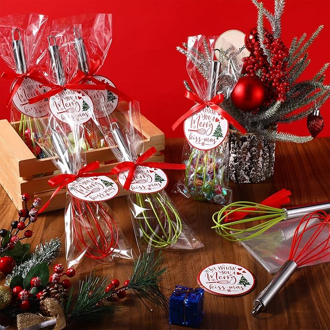 100 Sets 10 Inch Christmas Whisks Gifts DIY Fillable Christmas Tree Ornaments Xmas Colored Silicone Whisks for Cooking Heat Resistant Egg Beaters with Card Rope Bag for Candy Holder