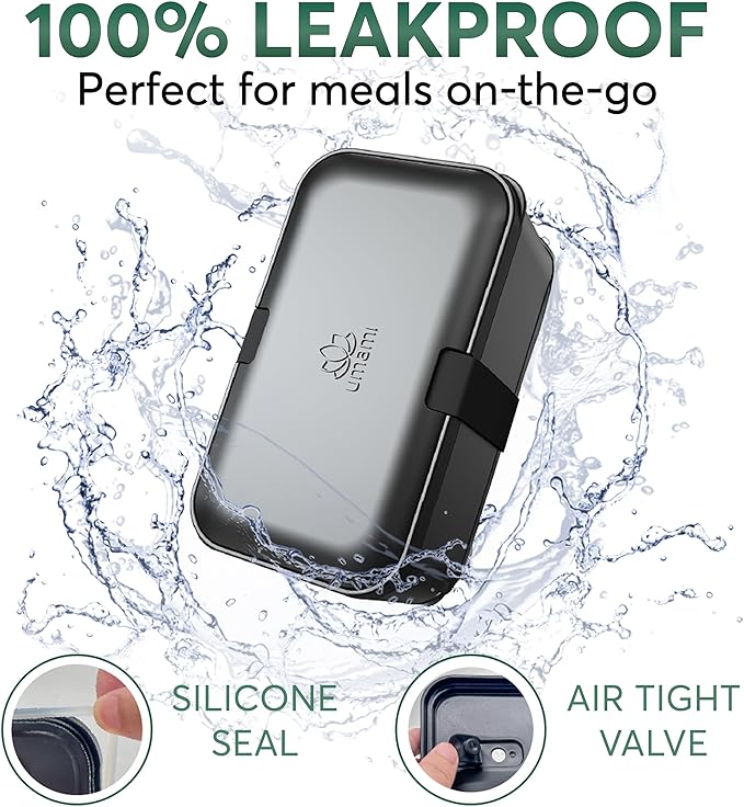 Umami Lunch Box Containers w/ 4 Utensils, Sauce Jar, Nestable Space-Saving Bento Box Adult, 100% Leakproof, Microwavable Lunch Containers for Adults, Design Award Winner, Black, 30 oz